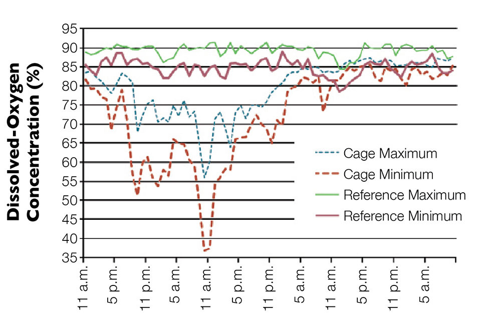 Dissolved-oxygen concentrations inside a cage stocked with seabass at a Greek fish farm.