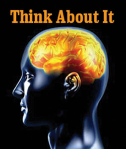 Man with brain illuminated with "Think about it" written above