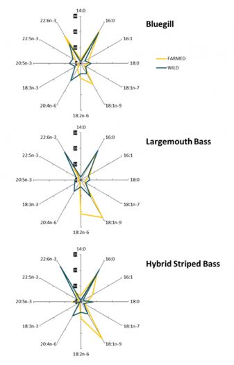 Fig. 1: Fatty acid profiles (relative area  percent of fatty acid methyl esters, FAMEs) of farmed vs. wild bluegill, largemouth bass, and hybrid striped bass with respect to major fatty acids, i.e., only fatty acids representing at least 1 percent of total FAMEs are reported.