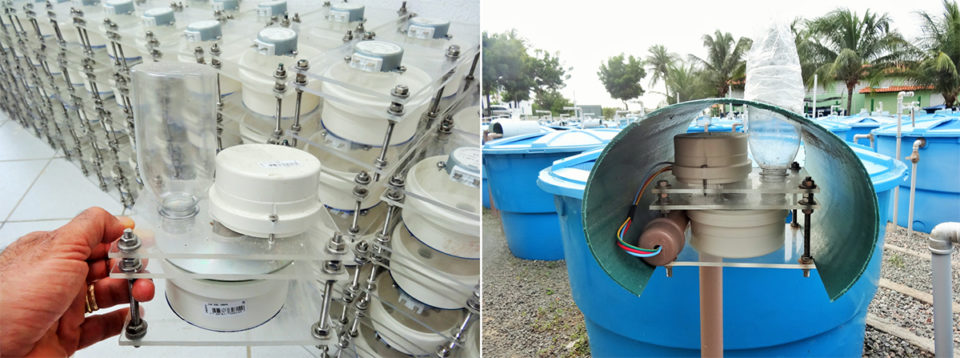 View of the feeding devices (left); and installation in a rearing tank (right).