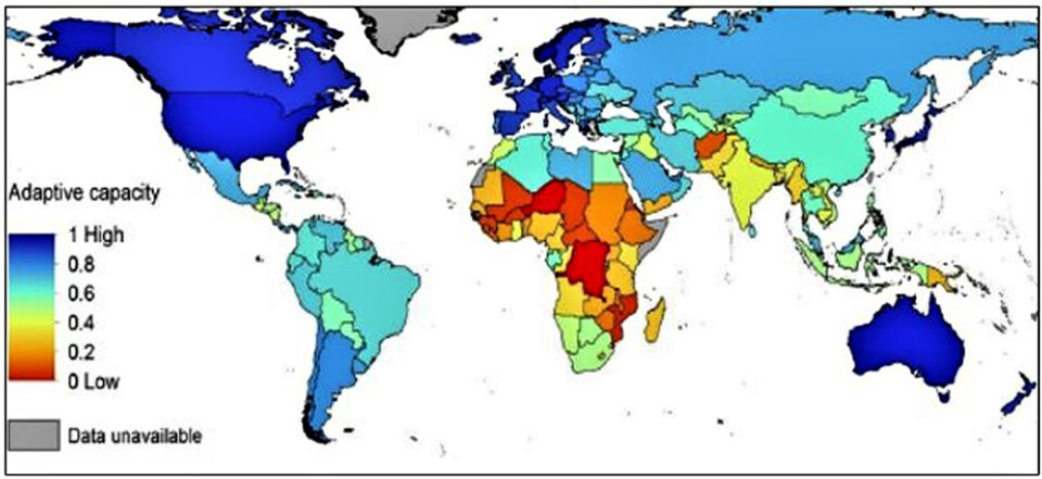 Fig. 2: Mapa mundial que muestra la capacidad de adaptación de las naciones a los efectos del cambio climático en la acuacultura. Fuente: Handisyde et al. (https://doi.org/10.1111/faf.12186).