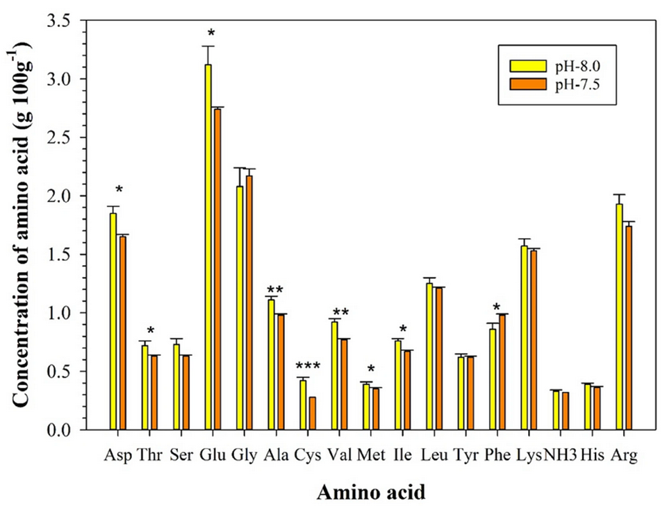 Concentrations of amino acids in the muscle of tiger shrimp at two different pH treatments