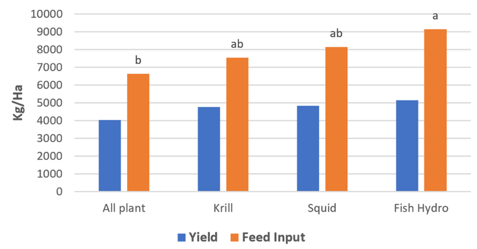 Average final yield and total feed inputs for each treatment throughout the 94–97-day production cycle