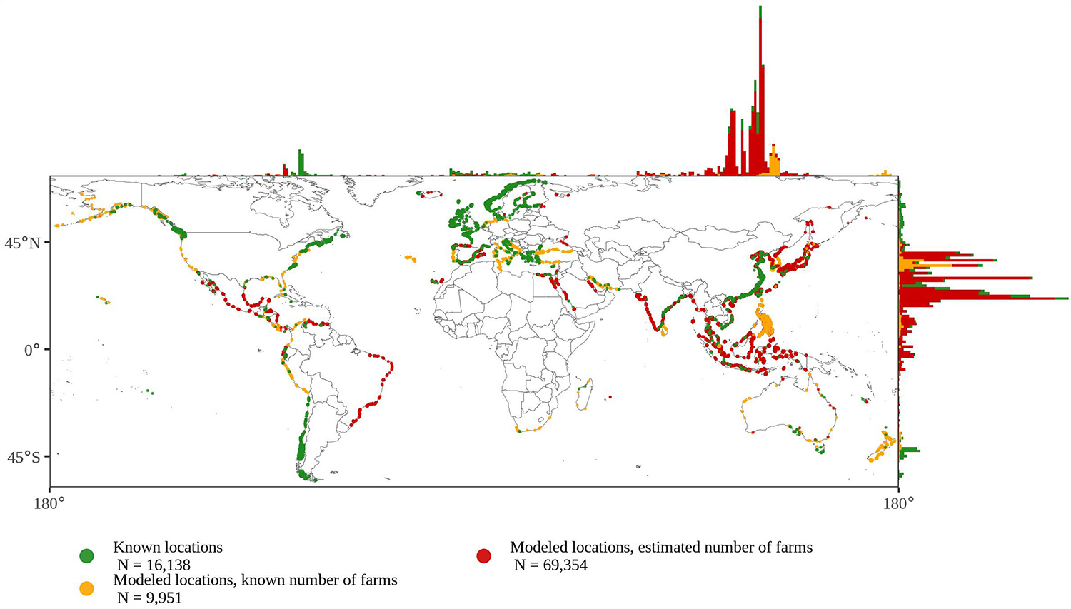 Fig. 2: Mapa mundial de granjas de maricultura y distribución de granjas en longitud y latitud.