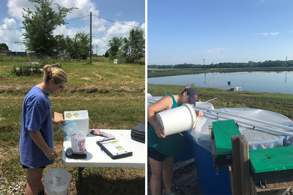 Left: preparing the LCSM to be tested at the Greene Prairie Aquafarm (GPA) in Alabama, USA. Right: GPA shrimp tanks (and commercial production pond in the background).
