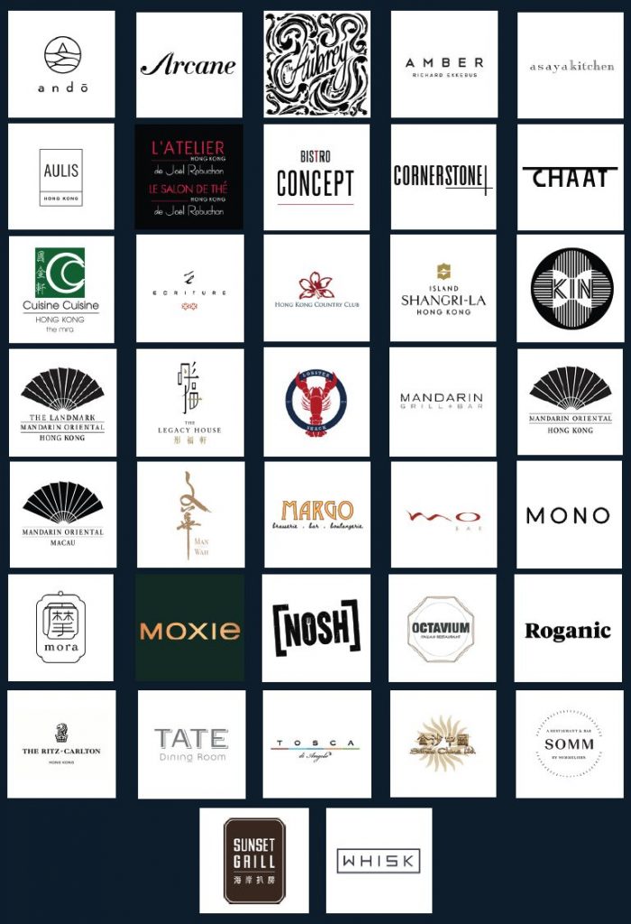 Logos of restaurants and hotels in Hong Kong and Macau providing a sustainable seafood menu for World Oceans Day 2022.