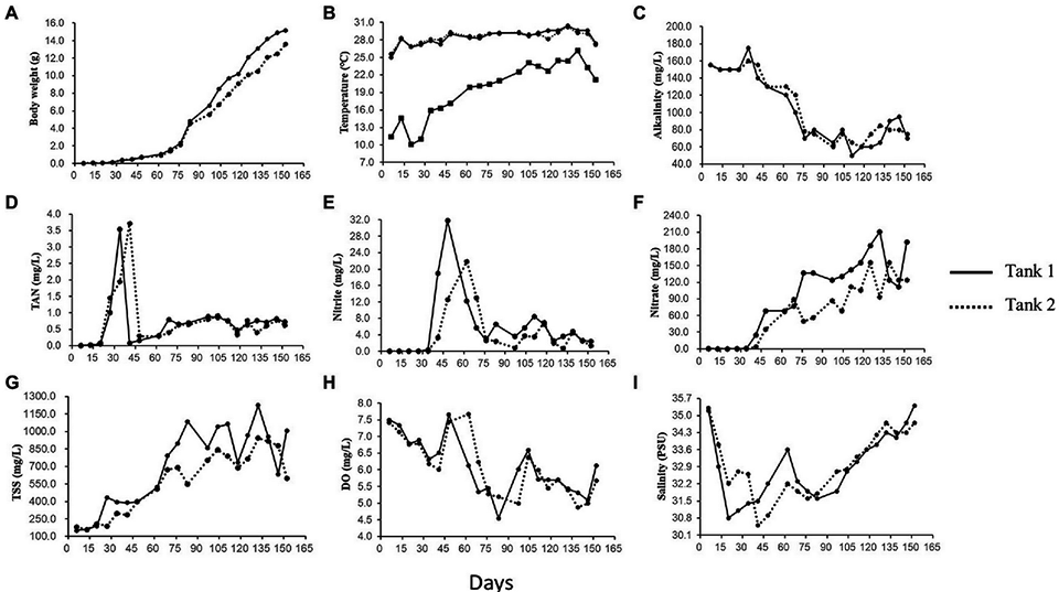 Fig. 1: Body weight of the reared <em>L. vannamei</em> and physicochemical parameters of rearing water over 152 growth days in a biofloc aquaculture system. Curves show values of (A) body weight, (B) temperature of rearing water (upper curves) and air (lower curves), (C) alkalinity, (D) total ammonia nitrogen (TAN), (E) nitrite (NO2-N), (F) nitrate (NO3-N), (G) total suspended solids (TSS), (H) dissolved oxygen (DO), and (I) salinity in culture Tanks 1 and 2.