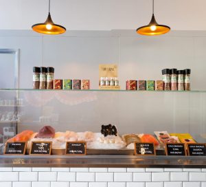 Interior view of the seafood counter at Cape Fish