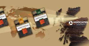 Associated Seafoods logo over map of Scotland with smoked salmon products.