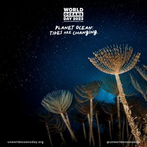 Underwater plants over starry background to celebrate World Oceans Day 2023: Planet Ocean