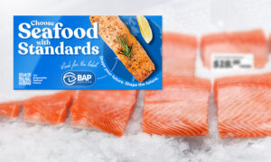 Choose Seafood With Standards campaign signage on fresh case with salmon